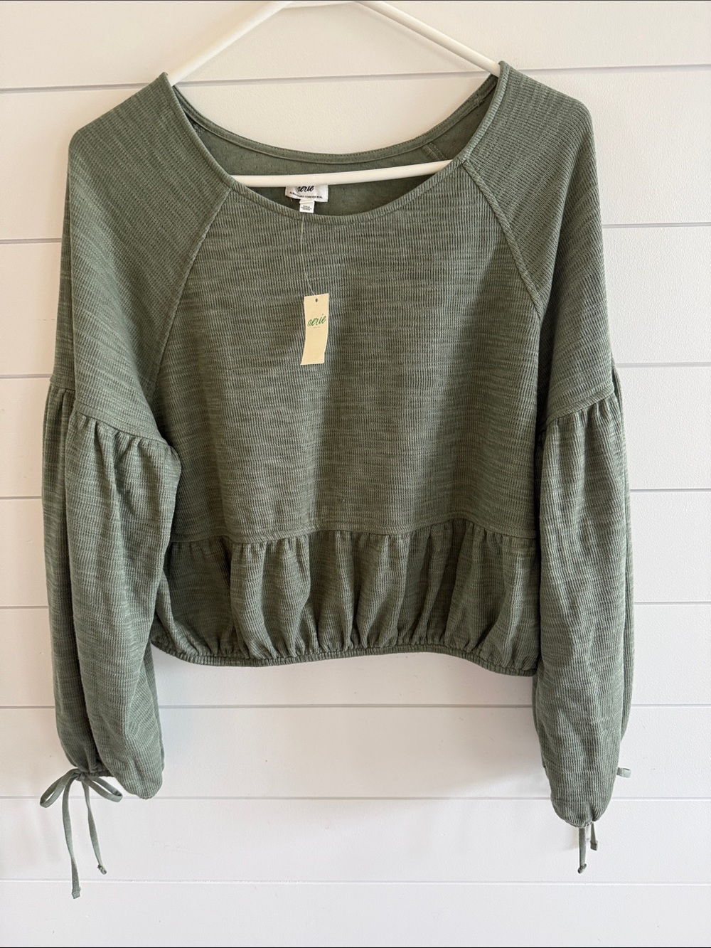 Aerie- Olive Green Ruffle-Hem Waffle Sweatshirt